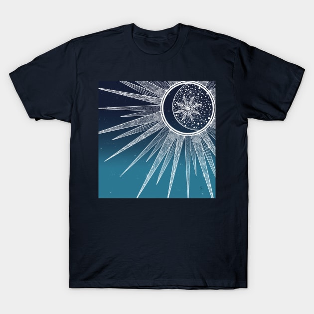 White Sun Moon Mandala Blue Gradient Design T-Shirt by NdesignTrend